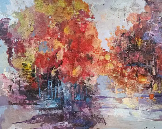 Autumn Passage. Large abstract painting, earth tones, crimson, amber, violet thumbnail 1