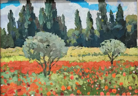 Olive Trees and Poppy Bloom/ Framed thumbnail 1